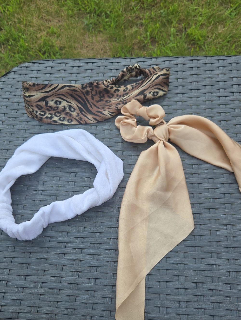 Lot .Beige Bow Scarf Hair Tie, White Twist Headband & Leopard Print Headwrap Set